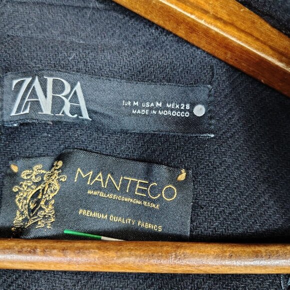 Zara Manteco Trench Coat Women's Medium Black Wool Double Breasted Long Peacoat - Picture 6 of 13